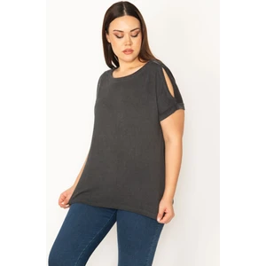 Kadın Antrasit Omuz Dekolteli Duble Kol Bluz