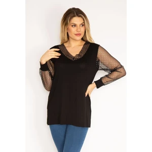 Kadın Mürdüm Yaka ve Kolları Simli Tül Bluz 65N35185