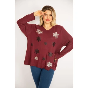 Kadın Bordo Payet Detaylı Yün Viskon Kumaş V Yakalı Bluz 65N35056