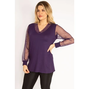 Kadın Mürdüm Yaka ve Kolları Simli Tül Bluz 65N35185