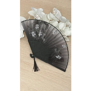 Bambu Japon Yelpaze Gri Siyah Çiçek Desenli 20 x 35 cm 1 Adet Şık Tasarım