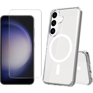 Samsung Galaxy S24 FE Kılıf M-safe Şarj Özellikli Şeffaf Sert PC Zore Embos Kapak + Nano Ekran Koruyucu
