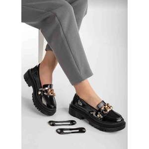 Cansu Ayakkabı  Loafer Siyah Rugan Gold Zincir Toka Detaylı Rahat Ayakkabı
