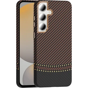 Galaxy S24 Fe Kılıf M-Safe Şarj Özellikli Karbon Fiber Görünümlü Otnv Gros Kapak - Gold-Siyah