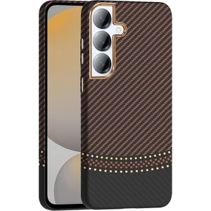 Galaxy S25 Plus Kılıf M-Safe Şarj Özellikli Karbon Fiber Görünümlü Otnv Gros Kapak - Gold-Siyah
