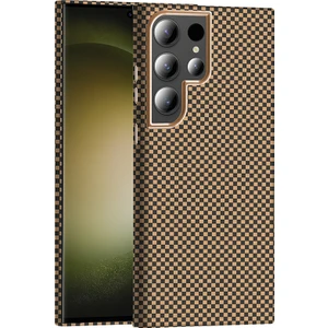 Galaxy S23 Ultra Kılıf M-Safe Şarj Özellikli Karbon Fiber Görünümlü Otnv Gros Kapak - Desert Titanyu