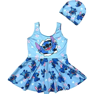 Kız Çocuk Mavi Renk Desen Baskılı Eğlenceli Plaj Giyim Volan Etekli Mayo + Bone