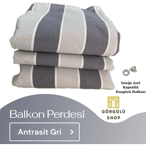 Demir Kuşgözü Halkalı ve Bağcıklı Pamuklu Kumaştan Antrasit Gri Balkon perdesi