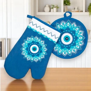 Mavi Nazar Boncuğu Desenli Fırın Eldiveni ve Tutacak Seti - 2 Parça, Pamuklu, Isıya Dayanıklı, Hediyelik Mutfak Aksesuarı