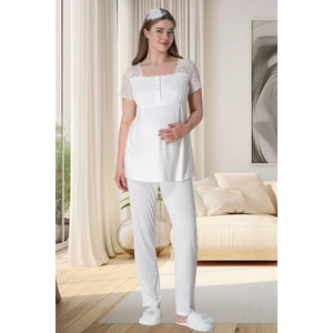 Mecit 6010 Ekru Dantelli Hamile Lohusa Pijama Takımı