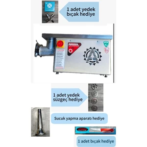 12 No Şanzımanlı Et Kıyma Makinesi İleri geri çevirme özellikli, çift devirli ARS23 (1 adet yedek bıçak, 1 adet yedek süzgeç ve 1 adet bıçak ve sucuk yapma aparatı hediye, tokmak dahildir. )