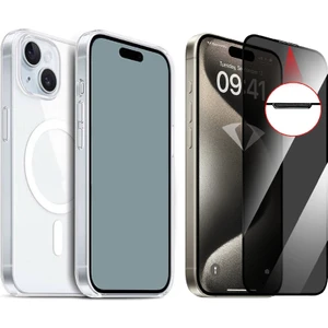 iPhone 15 Kılıf M-safe Şarj Özellikli Şeffaf Sert PC Zore Embos Kapak + Hayalet Ekran Koruyucu