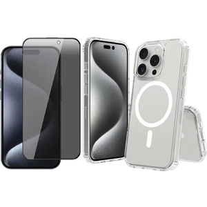 iPhone 15 Pro Max Kılıf M-safe Şarj Özellikli Şeffaf Sert PC Zore Embos Kapak + Hayalet Ekran Koruyucu