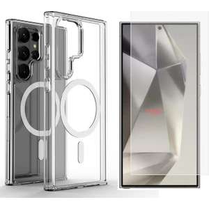 Samsung Galaxy S24 Ultra Kılıf M-safe Şarj Özellikli Şeffaf Sert PC Zore Embos Kapak + Nano Ekran Koruyucu