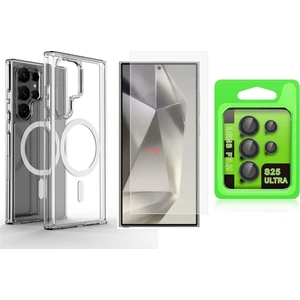 Galaxy S25 Ultra Kılıf M-safe Şarj Özellikli Şeffaf Sert PC Vendas Embos Kapak + Kamera Lens + Nano Ekran Koruyucu