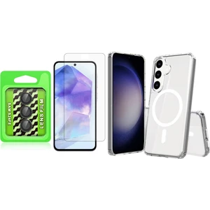 Galaxy S24 FE Kılıf M-safe Şarj Özellikli Şeffaf Sert PC Vendas Embos Kapak + Kamera Lens + Nano Ekran Koruyucu