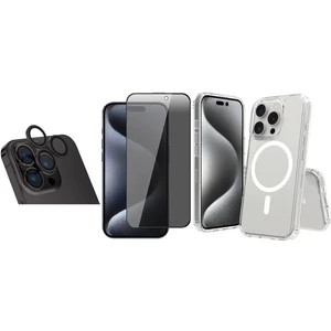 iPhone 16 Pro Kılıf M-safe Şarj Özellikli Şeffaf Sert PC Vendas Embos Kapak + Kamera Lens + Hayalet Ekran Koruyucu