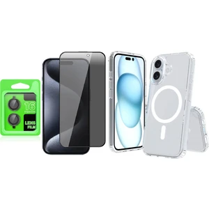 iPhone 16 Plus Kılıf M-safe Şarj Özellikli Şeffaf Sert PC Vendas Embos Kapak + Kamera Lens + Hayalet Ekran Koruyucu