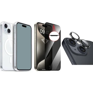 iPhone 15 Plus Kılıf M-safe Şarj Özellikli Şeffaf Sert PC Vendas Embos Kapak + Kamera Lens + Hayalet Ekran Koruyucu