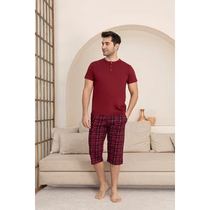 Erkek Bisiklet Yaka 3 Düğmeli Ekose Desen Modal Kısa Kol Cepli Kapri Pijama Takımı