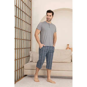 Erkek Bisiklet Yaka 3 Düğmeli Ekose Desen Modal Kısa Kol Cepli Kapri Pijama Takımı