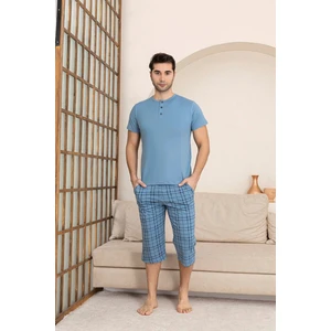 Erkek Bisiklet Yaka 3 Düğmeli Ekose Desen Modal Kısa Kol Cepli Kapri Pijama Takımı