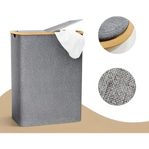 Iki Bölmeli Kirli Sepeti 100 Litre Çamaşır Sepeti Katlanabilir Bambu Detaylı Sepet