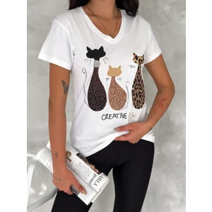 V Yaka Pul Payet Işlemeli Sırtı Dönük Kedili Desenli %100 Pamuktişört