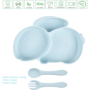 Silikon Beslenme Seti / Tavşan Figürlü Vakumlu Mama Tabağı, Çatal ve Kaşık / Buz Mavisi