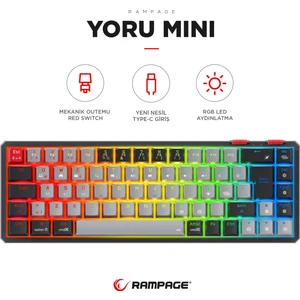 Yoru Mini Gri/Siyah Type-c Bağlantı Rgb Mekanik Gaming Oyuncu Klavyesi Red Switch Q Tr