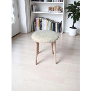 Teddy Kumaşlı Yuvarlak Tabure, Masif Ayaklı Tabure, Salon, Balkon, Makyaj Masası, Yemek Masası