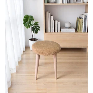 Teddy Kumaşlı Yuvarlak Tabure, Masif Ayaklı Tabure, Salon, Balkon, Makyaj Masası, Yemek Masası