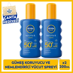 Sun Güneş Koruyucu ve Nemlendirici Vücut Spreyi 200 ml, SPF50 Uva Uvb Koruması, x 2 Adet, Çanta Hediye