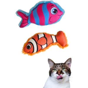 Peluş Balık Kedi Oyuncak Seti (2 Adet) Mavi ve Turuncu Renkli Kediler İçin Aktivite Oyuncağı