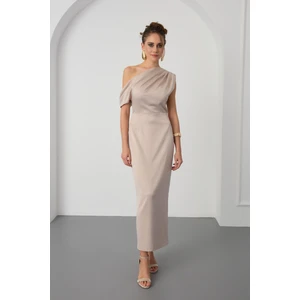Kadın Bej Degaje Yaka Yırtmaçlı Saten Midi Elbise