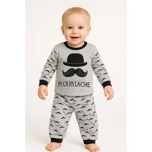 Trend Bebe Butik Gri Erkek Çocuk Pijama Takımı | Bıyık Desenli Pamuklu Uzun Kollu Takım | Esnek Bel Lastikli