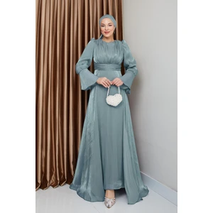 Pelerin Etekli Yoryo Ipek Tesettür Abiye Elbise Su Yeşili 1235