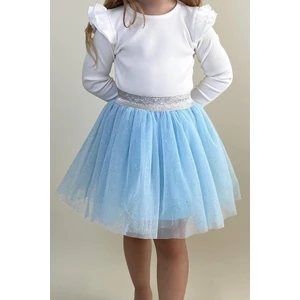 Kız Çocuk Tütü Etek Simli Beli Latikli 5-10 Yaş, Açık Mavi