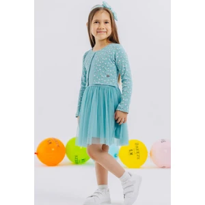 Kız Çocuk Uzun Kollu Ebise Tüllü Çiçek Desenli 3-8 Yaş, Su Yeşili