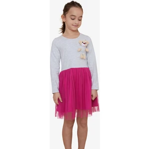 Kız Çocuk Uzun Kollu Elbise Ayıcık Aksesuarlı 3-8 Yaş, Açık Gri Melanj