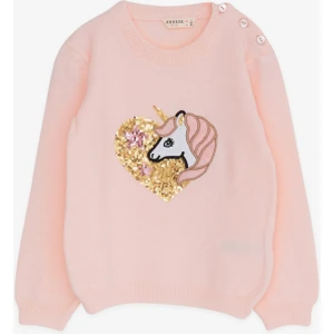 Kız Çocuk Triko Kazak Pullu Unicorn Baskılı 1.5-5 Yaş, Pudra