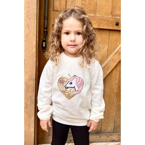 Kız Çocuk Triko Kazak Pullu Unicorn Baskılı 1.5-5 Yaş, Ekru