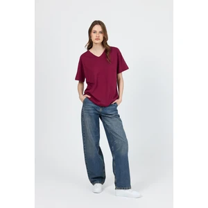 Bordo V Yaka %100 Pamuk Comfort Fit Tişört 2143M
