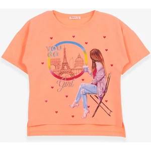 Kız Çocuk Tişört Kalpli Simli Kız Baskılı 9-16 Yaş, Neon Turuncu