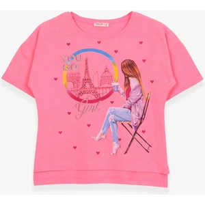 Kız Çocuk Tişört Kalpli Simli Kız Baskılı 9-16 Yaş, Neon Pembe