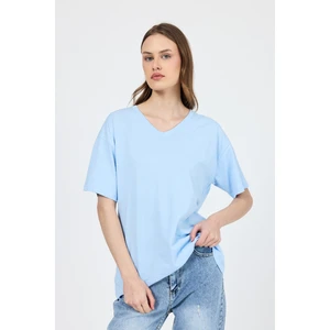 Mavi V Yaka %100 Pamuk Comfort Fit Tişört 2143M