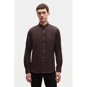 Slim Fit Acı Kahve Oxford Düğmeli Yaka Kolay Ütülenebilir Nakış Detaylı Pamuklu Gömlek 4HC02ORT03265