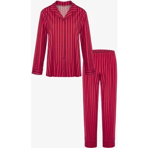 Kadın Pamuklu Kırmızı Çizgili Gömlek Yaka Uzun Kollu Pijama Takımı