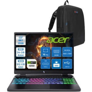 Acer nitro AN16 Intel I7 13620H 24GB Ddr5 512GB SSD 6GB/RTX4050 16'' Wuxga (1920X1200) IPS 165Hz Nvıdıag-Sync Freedos Gaming Laptop NHQJMEY007F02+ZETTAÇANTA