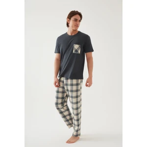 Erkek Pamuklu Üst Füme Göğüs Cepli Kısa Kollu Pijama Takımı
